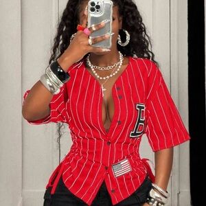 BamGleam Summer Casual Striped Letter Decor Side Drawstring Shirt